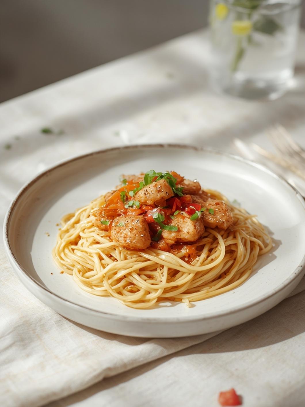 Chicken on noodles plated with steamed vegetables