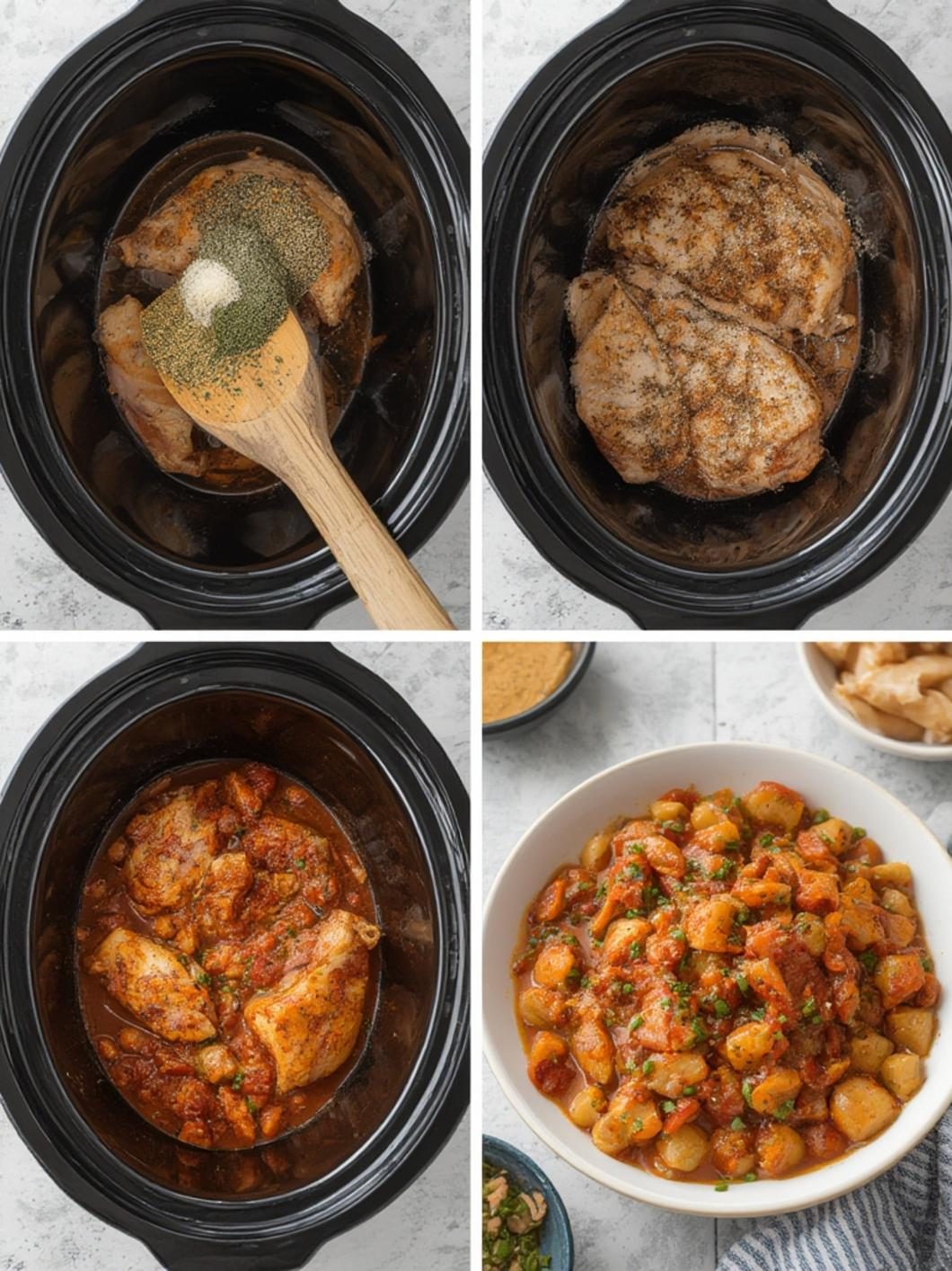 Layered chicken and ingredients in crock pot