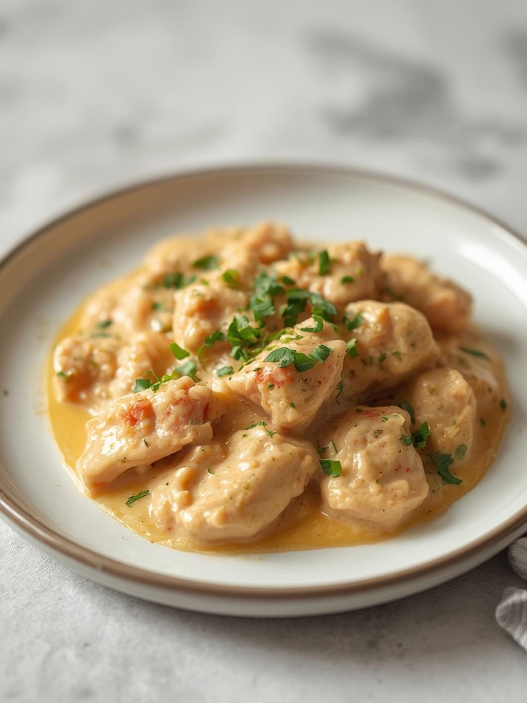 Creamy chicken dish simmering in crock pot