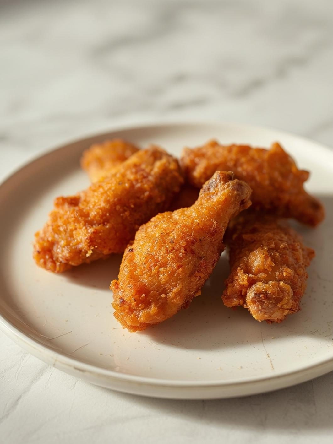 Fried chicken wings plated with dipping sauces and celery sticks