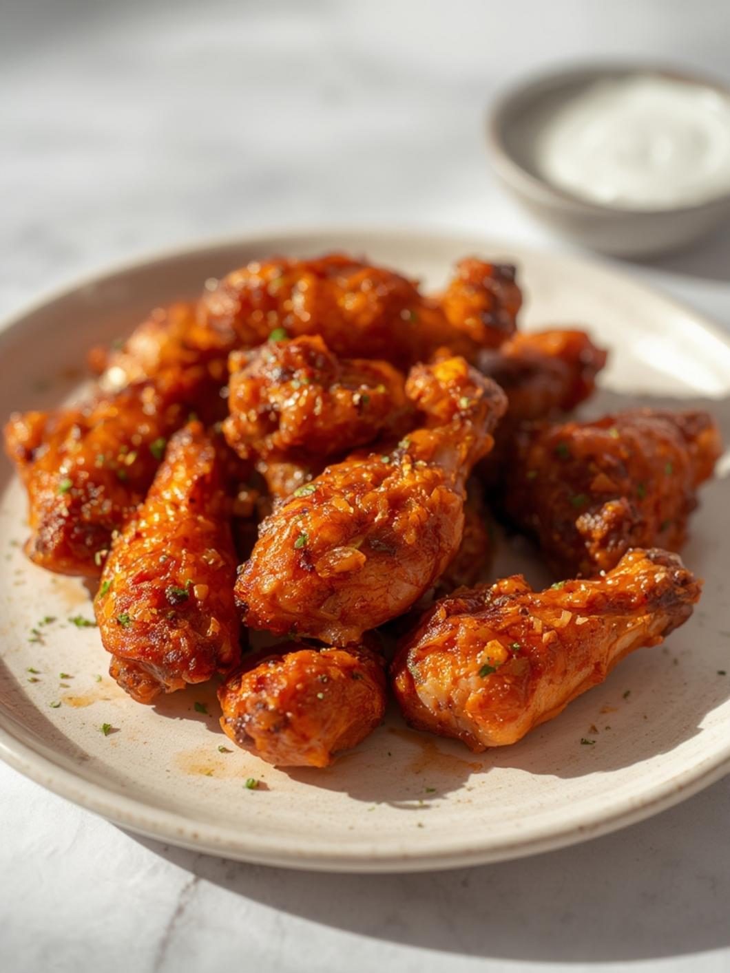 Oven chicken wings served with vegetables and dip