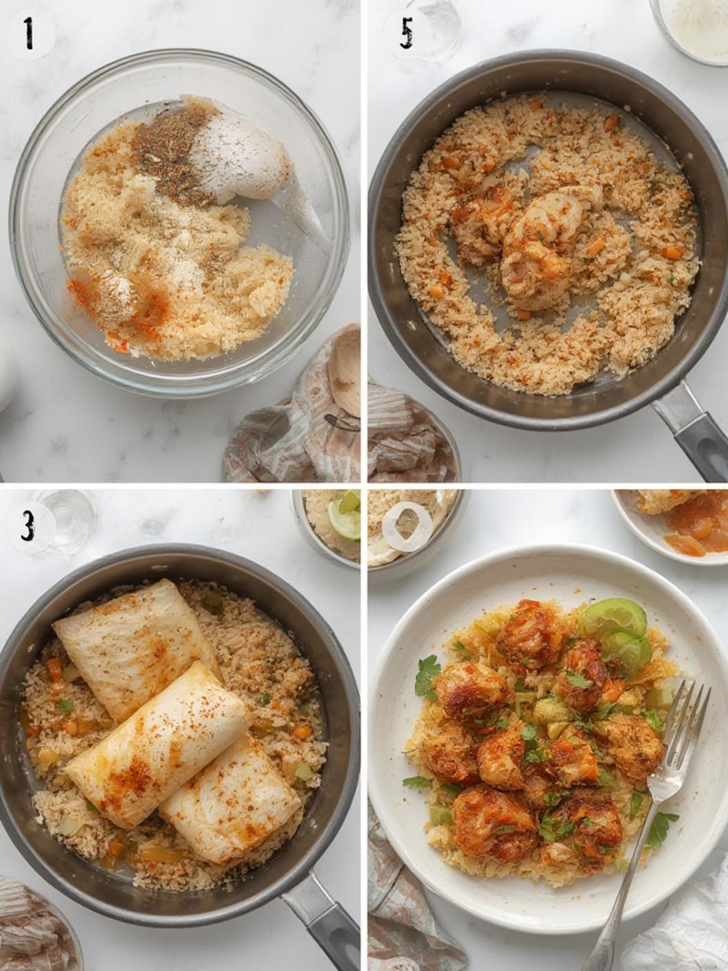 Seasoning chicken for burrito with rice and chicken
