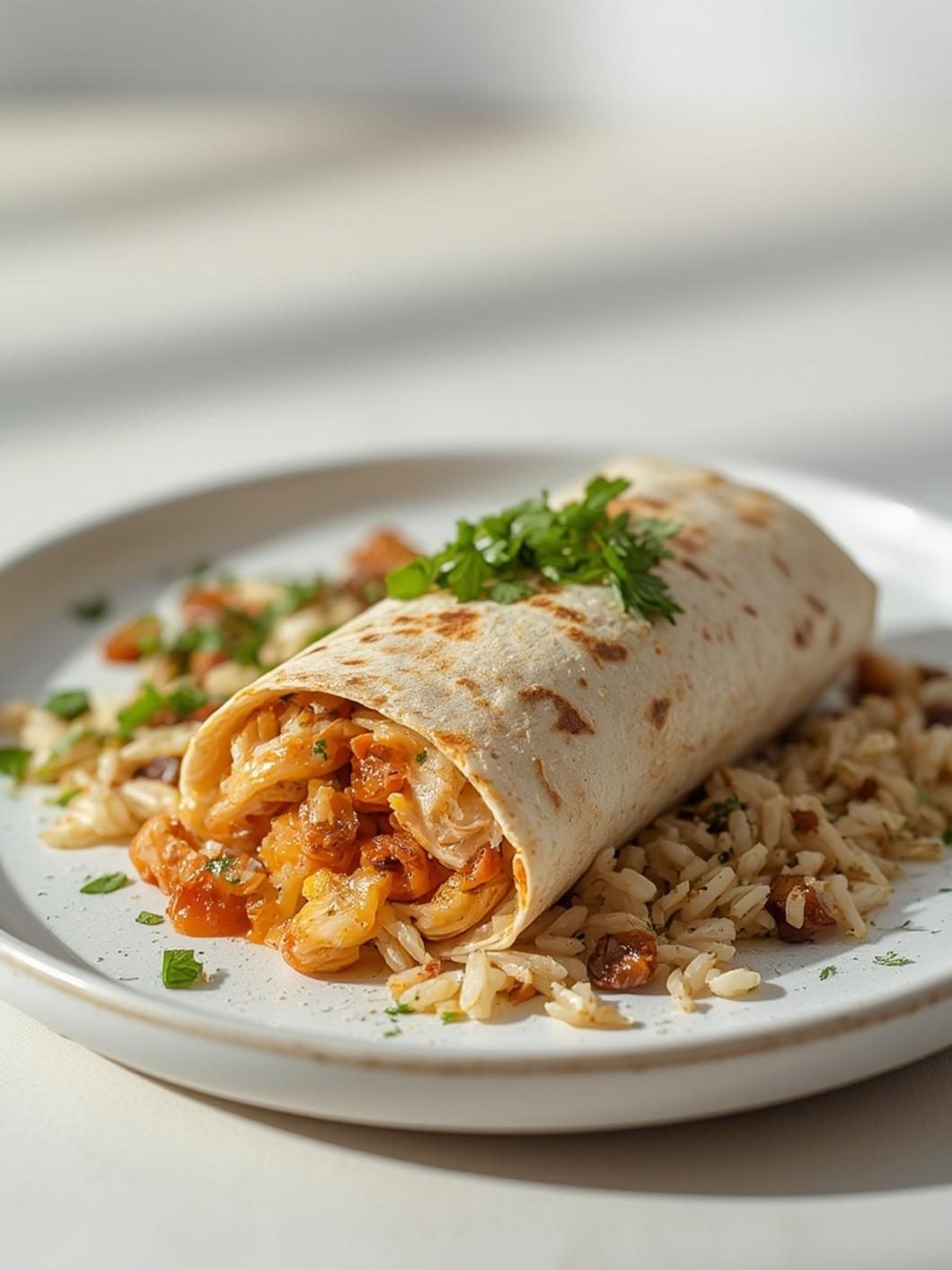 Chicken and rice burrito plated with garnishes and sides