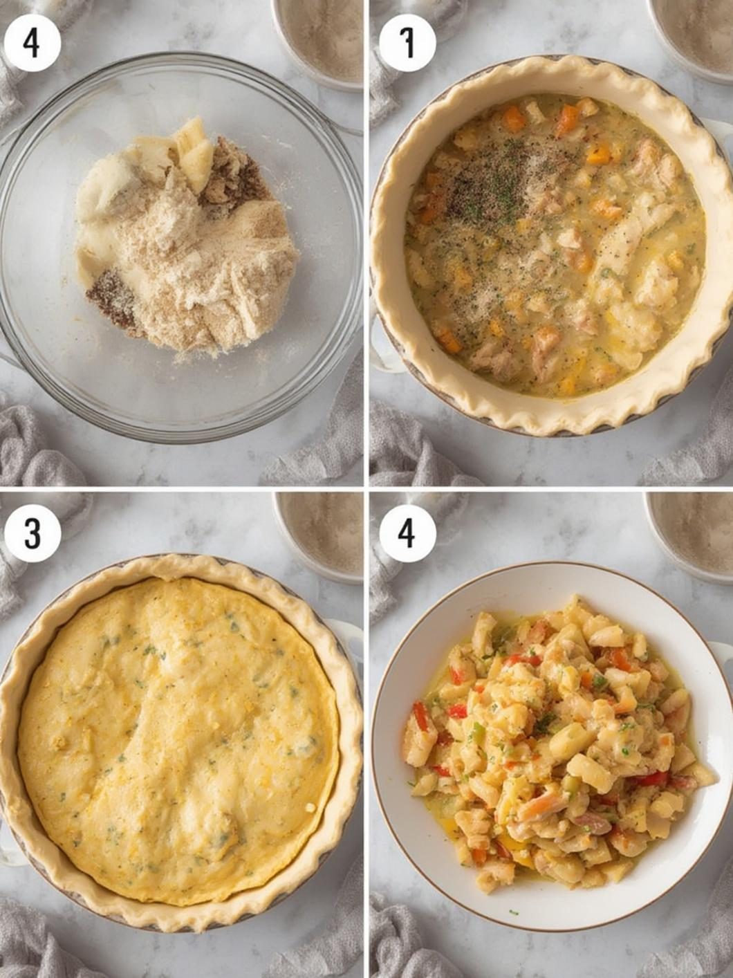 Preparing chicken and vegetables for pot pie filling