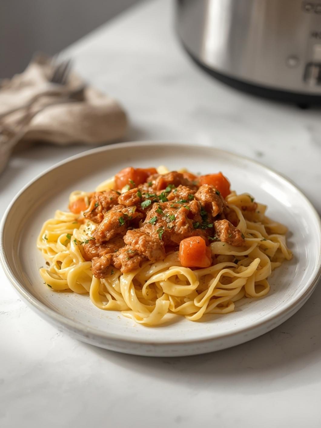 Served crockpot chicken and noodles with side dishes