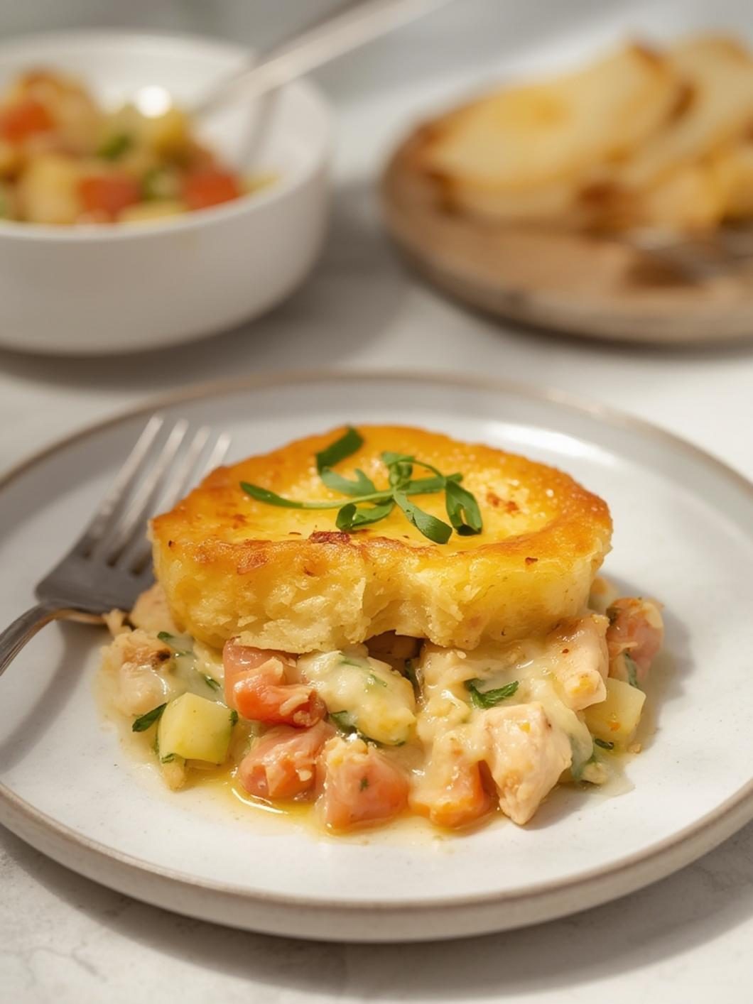 Chicken pot pie served with fresh salad