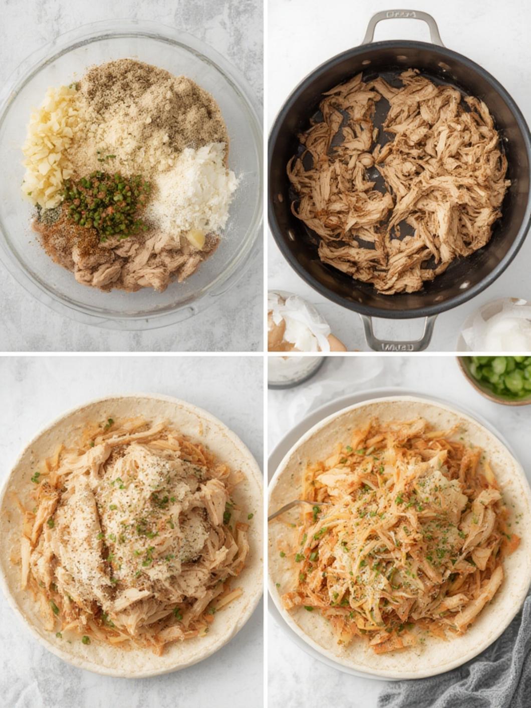 Preparation steps for shredded chicken burrito