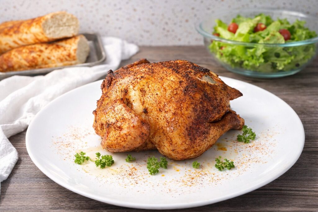 How long to smoke a whole chicken at 225 - crisp golden skin on a wooden board