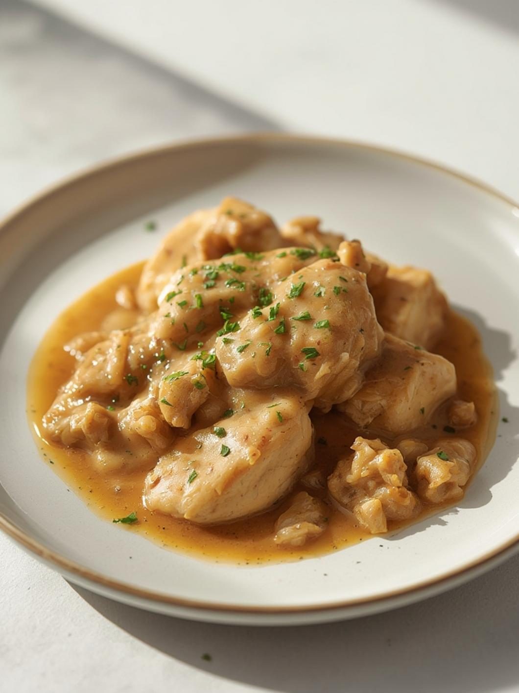 Smothered chicken presentation with sides