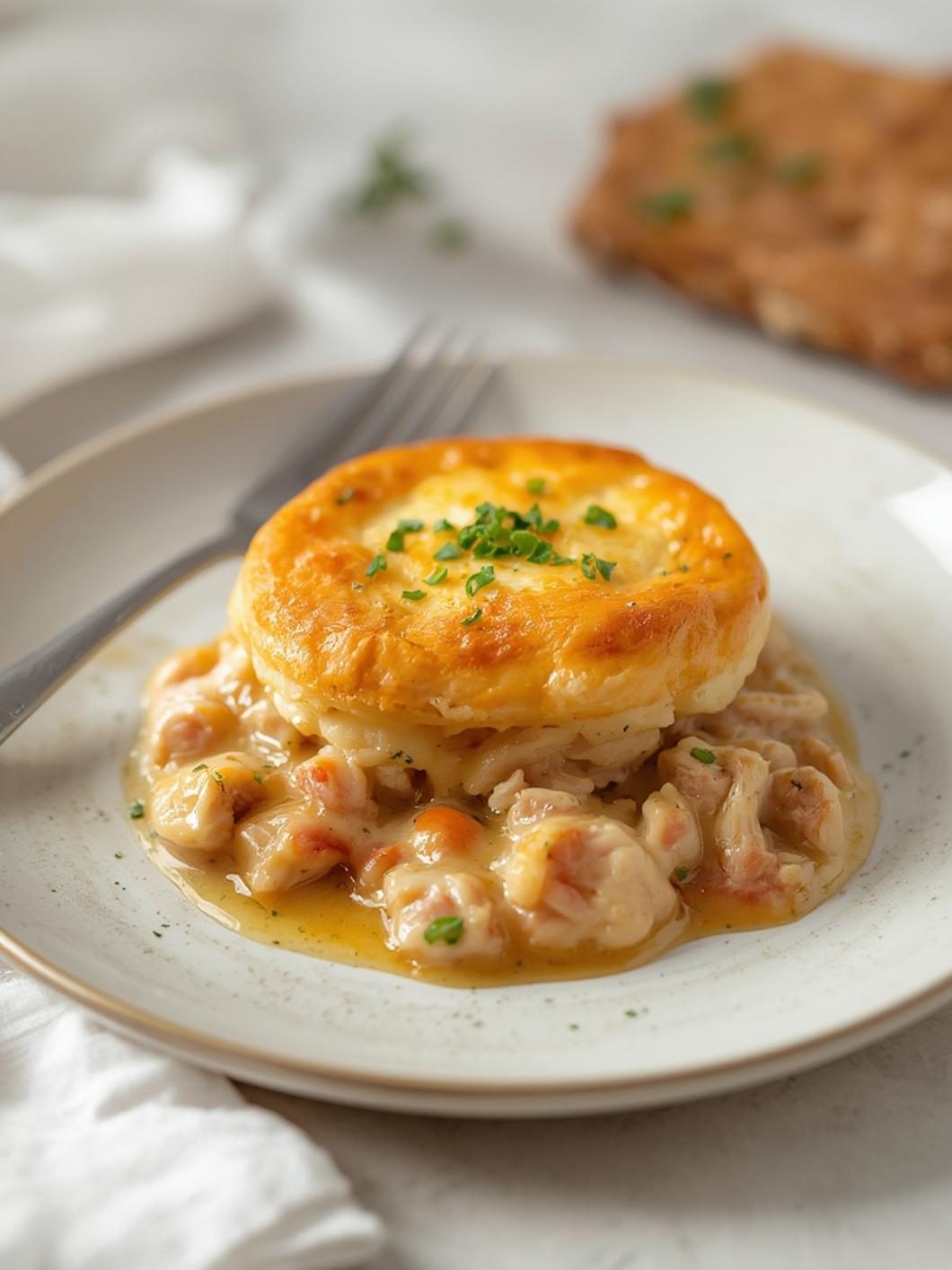 Serving chicken pot pie with side salad