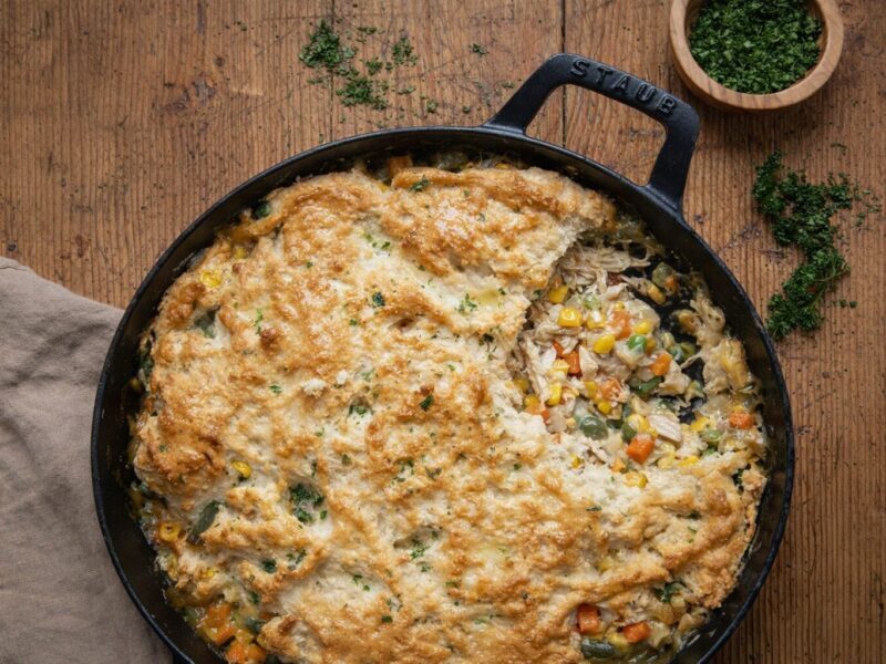 Easy chicken pot pie with Bisquick biscuit topping, golden and bubbling from the oven, ready in 50 minutes