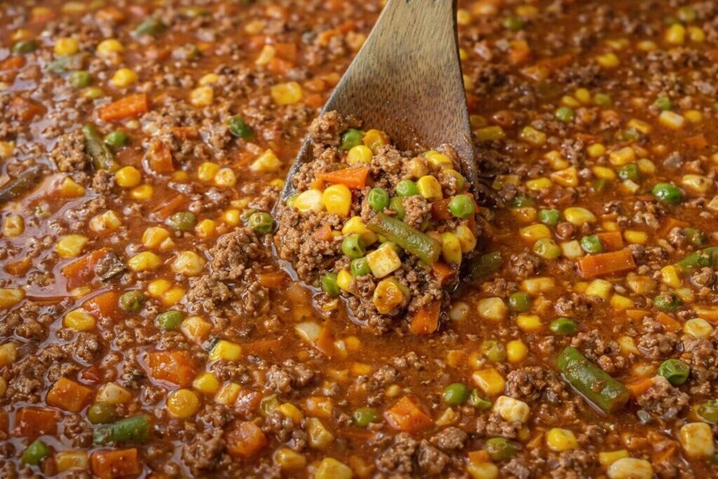 Homemade vegetable beef soup with tender chuck and root vegetables in a rustic bowl