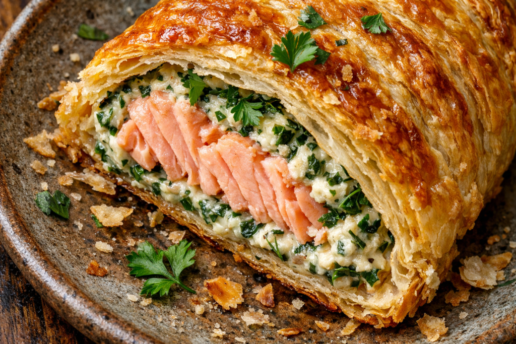 Salmon baked in golden puff pastry with creamy filling, sliced to show the layers