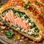 Salmon baked in golden puff pastry with creamy filling, sliced to show the layers