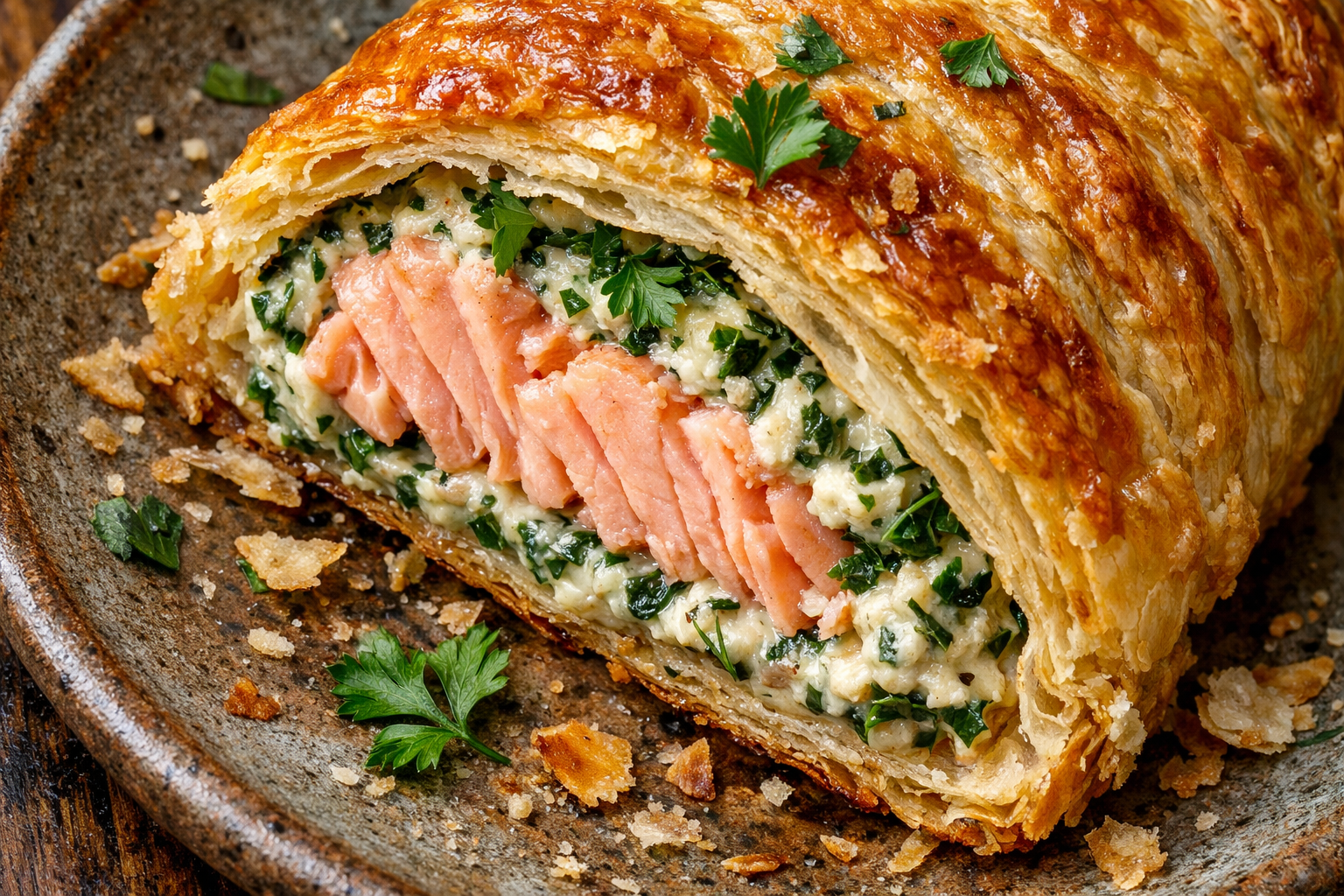 Salmon baked in golden puff pastry with creamy filling, sliced to show the layers