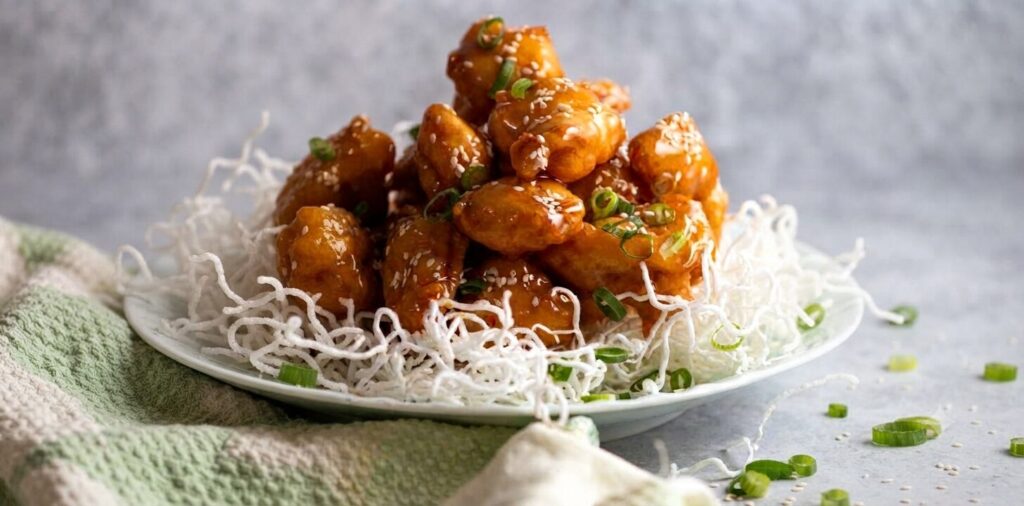 chinese honey garlic chicken glossy sticky glazed pieces served on a white plate with sesame seeds and scallions