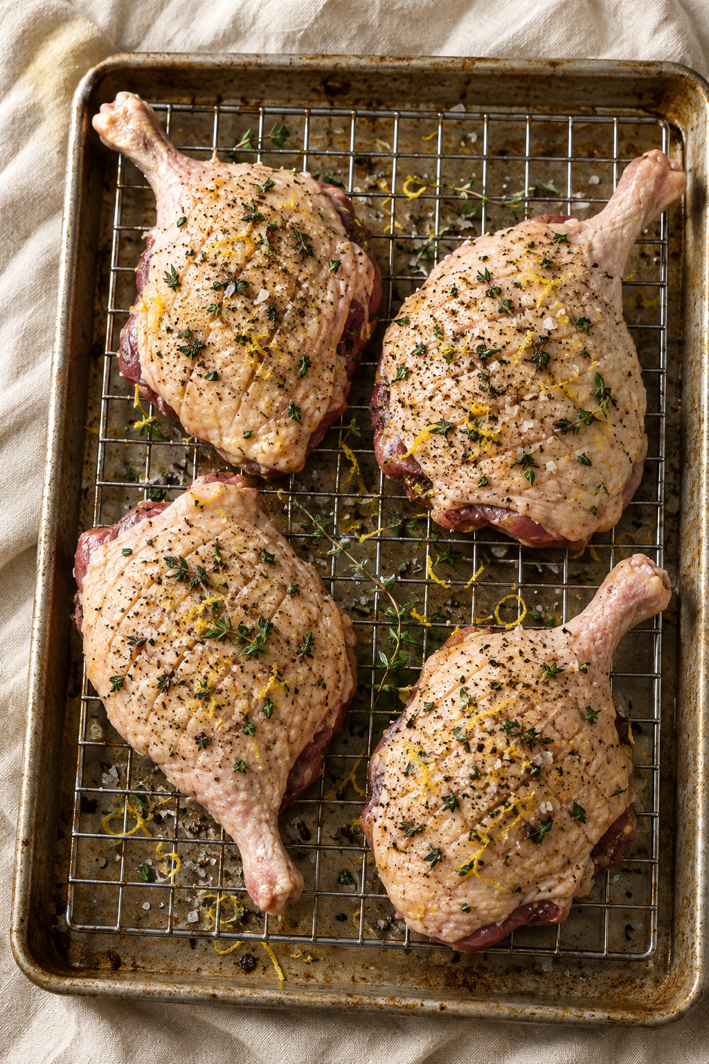 Four raw duck legs on a wire rack over a sheet tray, skin scored in a shallow crosshatch pattern and seasoned with kosher salt, cracked pepper, fresh thyme leaves and lemon zest.