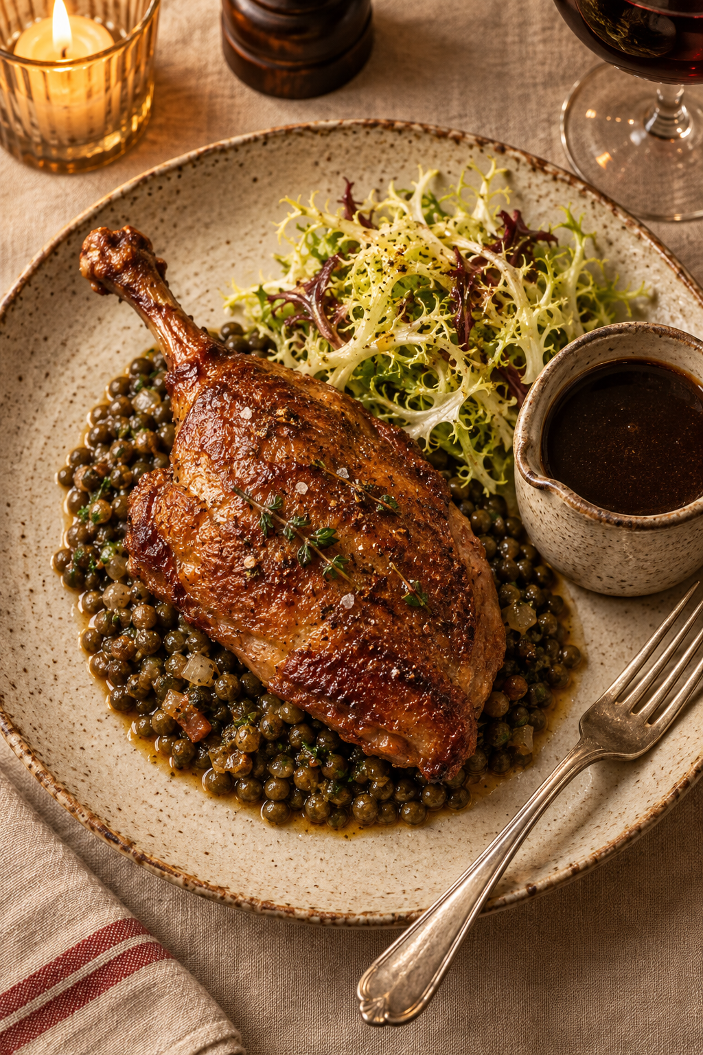 A single crispy roasted duck leg plated on a rustic speckled ceramic bowl over braised Puy lentils, with a frisée salad, a small pot of dark jus, a silver fork, and a glass of red wine — candle-lit French bistro setting.