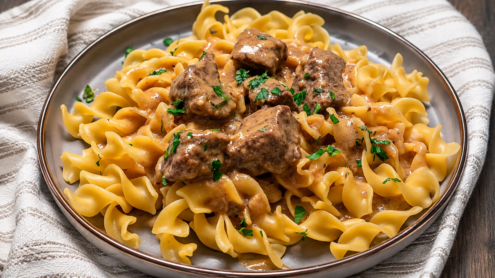 Beef tips in creamy brown gravy piled over wide egg noodles on a rustic plate, garnished with fresh parsley