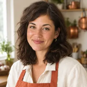 Portrait of Emma Delacourt smiling in a terracotta apron in a warm kitchen.