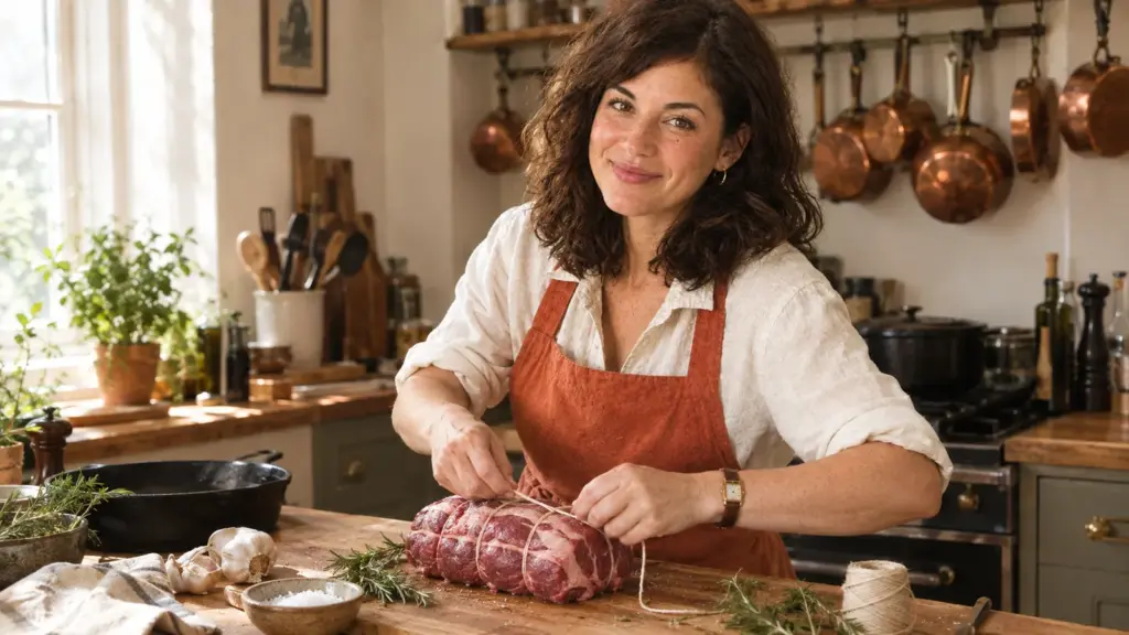 Emma Delacourt tying butcher's twine around a raw beef roast on a wooden counter, with rosemary, garlic and copper pans in a sunny kitchen.