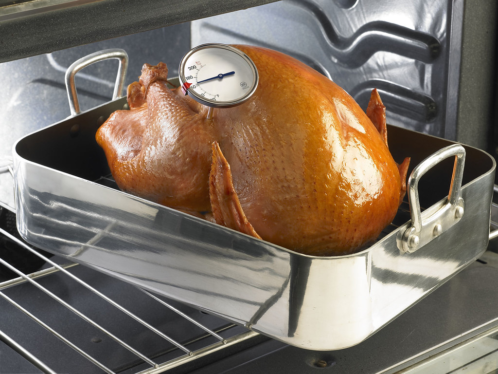 A roasted turkey in a stainless roasting pan on an oven rack with a dial meat thermometer in the breast